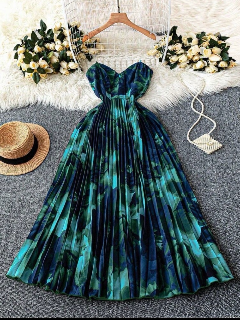 SHEIN curve plus 2XL Teal & Navy Strapless Pleated Maxi Dress